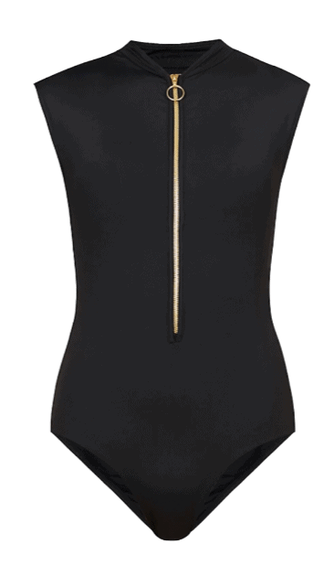 zip through cap sleeve swimsuit black