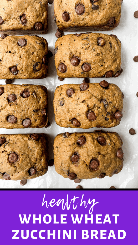 Healthy Whole Wheat Zucchini Bread with Chocolate Chips is fluffy, moist, and sneaks in some added fiber and nutrients thanks to the shredded zucchini. Made with good-for-you ingredients like coconut sugar and whole wheat flour. #wholewheat #zucchinibread #healthyrecipes #healthybaking #healthy #wholewheatzucchinibread #healthyrecipe Healthy Whole Wheat Zucchini Bread