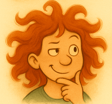 Veselá ilustrace dívky s divokými, kudrnatými hnědými vlasy a hravým výrazem, připravená inspirovat kreativní šperky z korálků a perliček.