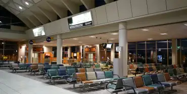 Empty rows of seats in a quiet airport departure terminal — Ukraine airport reconstruction