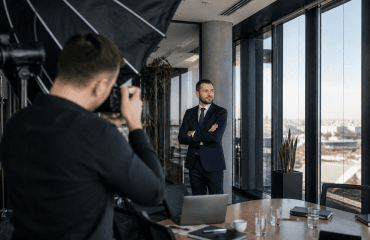 Fotografia biznesowa Kraków – mobilne studio rozstawione w siedzibie klienta podczas sesji firmowej dla zespołu, fotograf przy aparacie z tetheringiem