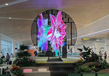 Circular transparent LED screen displaying vibrant floral visuals in a modern airport terminal in Singapore