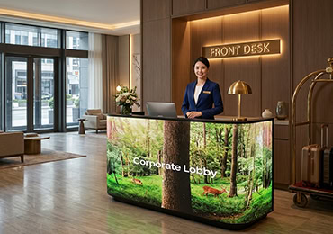 Fronta Series front desk LED screen showing lush forest scene in a modern corporate lobby with receptionist in the United States