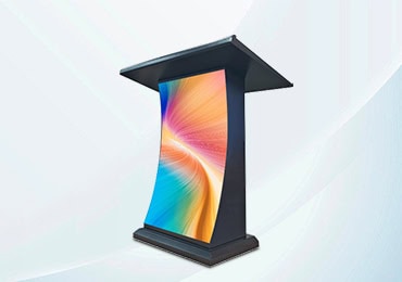 PodPro Series podium LED screen with curved colorful abstract display on a modern black lectern
