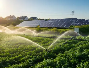 Sprinklers spraying a farm with solar panels in the rear