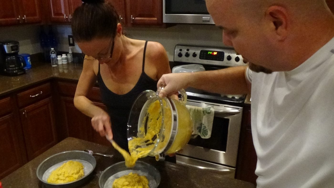 Pumpkin cake batter for layered frosting cake