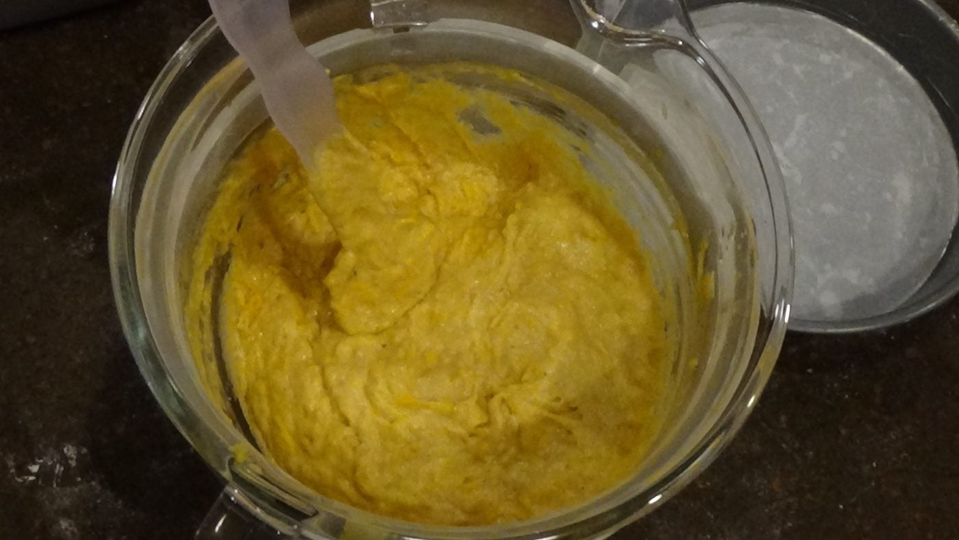 Pumpkin cake mixed and ready to bake