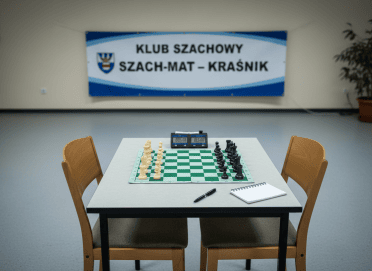 A quiet, focused chess club corner: two empty chairs pushed neatly under a rectangular table, with a tournament-style chessboard centered between them, digital chess clock set to equal time, and a small notepad and pen waiting beside. Behind the table, a fabric roll-up banner with the name “Klub Szachowy Szach-Mat – Kraśnik” stands against a neutral wall, intentionally blurred. The setting is a modest community room with clean flooring and minimal decor. Cool, diffused ceiling light creates an even, calm illumination with soft shadows. Photographic realism, eye-level composition, mood of concentration and fair play, ideal for presenting the foundation’s chess club.