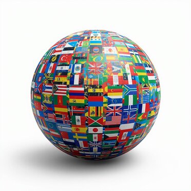 Eine Kugel, auf der Flaggen dieser Erde zu sehen sind, als Beispiel für Internationales Business Etikette.