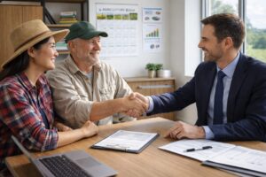 A professional agricultural banker shakes hands with a smiling farmer couple across a desk in a bright rural bank office, reviewing farm loan documents with charts and a calendar visible on the wall.