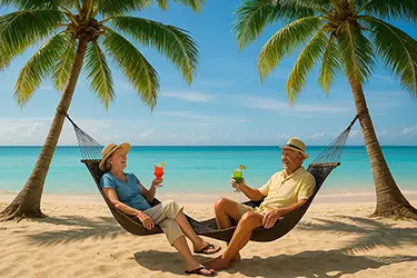 Retired couple relaxing on a tropical beach in the Philippines with hammocks and cocktails.