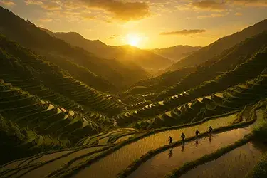 Banaue Rice Terraces aerial sunrise view in Luzon, Philippines