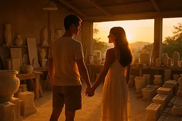 Couple holding hands in a marble workshop in Romblon at sunset with stone carvings in the background.