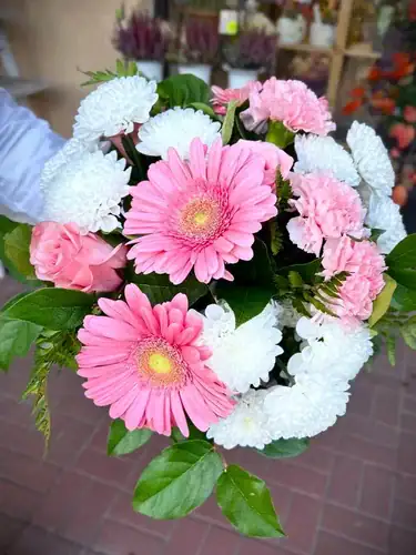 gerbery z białymi chryzantemami