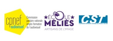 Logos de la CPNEF de l’audiovisuel, de l’École Méliès et de la CST