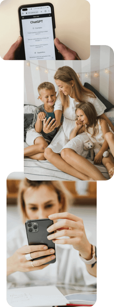 3 Fotos in untereinander etwas versetzt angeordnet. Einmal ein Foto mit einem Handy auf dem ChatGPT geöffnet ist, ein Foto von einer Mutter die ihren beiden Kindern etwas auf ihrem Smartphone zeit und ein Foto von einer Frau die gerade etwas auf Ihrem Handy liest.
