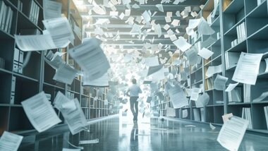 regały. fruwające kartki, człowiek