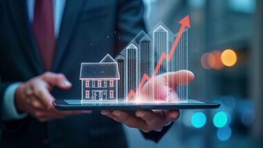 wirtualny obraz domu, wykres w górę, laptop