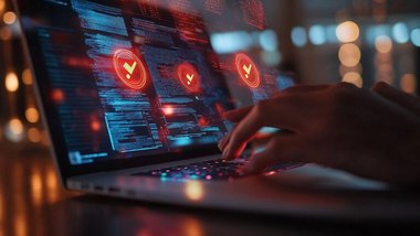 człowiek, laptop, na ekranie czerwone alarmy