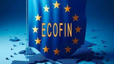 flaga UE, napis ECOFIN, zarys konturu Europy