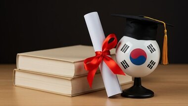 książki, kula z flagą Korei Płd. , biret studenta