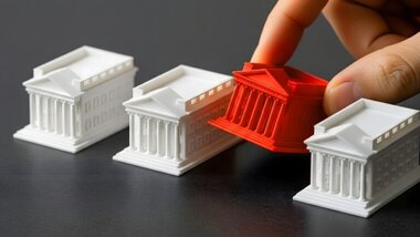 3 modele białe budynku banku, jeden czerwony w dłoni mężcyzny
