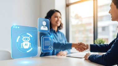 rozmowa rekrutacyjna, kobieta, mężczyzna, ikony AI, CV