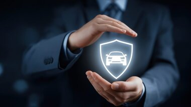 wirtualna tarcza z rysunkiem samochodu w dłoniach mężczyzny