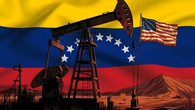flagi USA i Wenezueli, maszyny do wydobycia ropy