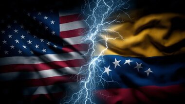 flagi USA i Wenezueli, przedzielone błyskawicami