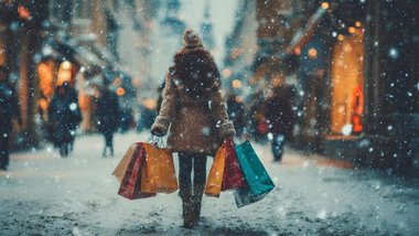 zima, kobieta z torebkami z zakupami