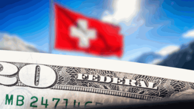 banknot dolarowy, w tle flaga Szwajcarii