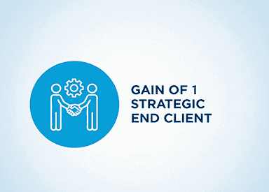 Two business professionals shaking hands with gear icon, strategic client partnership.