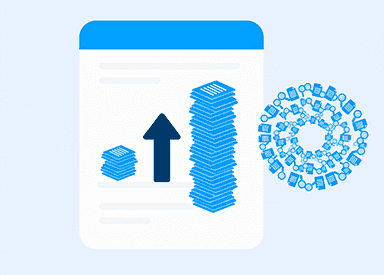 Digital dashboard showing portfolio growth with stacked bar chart and data icons.