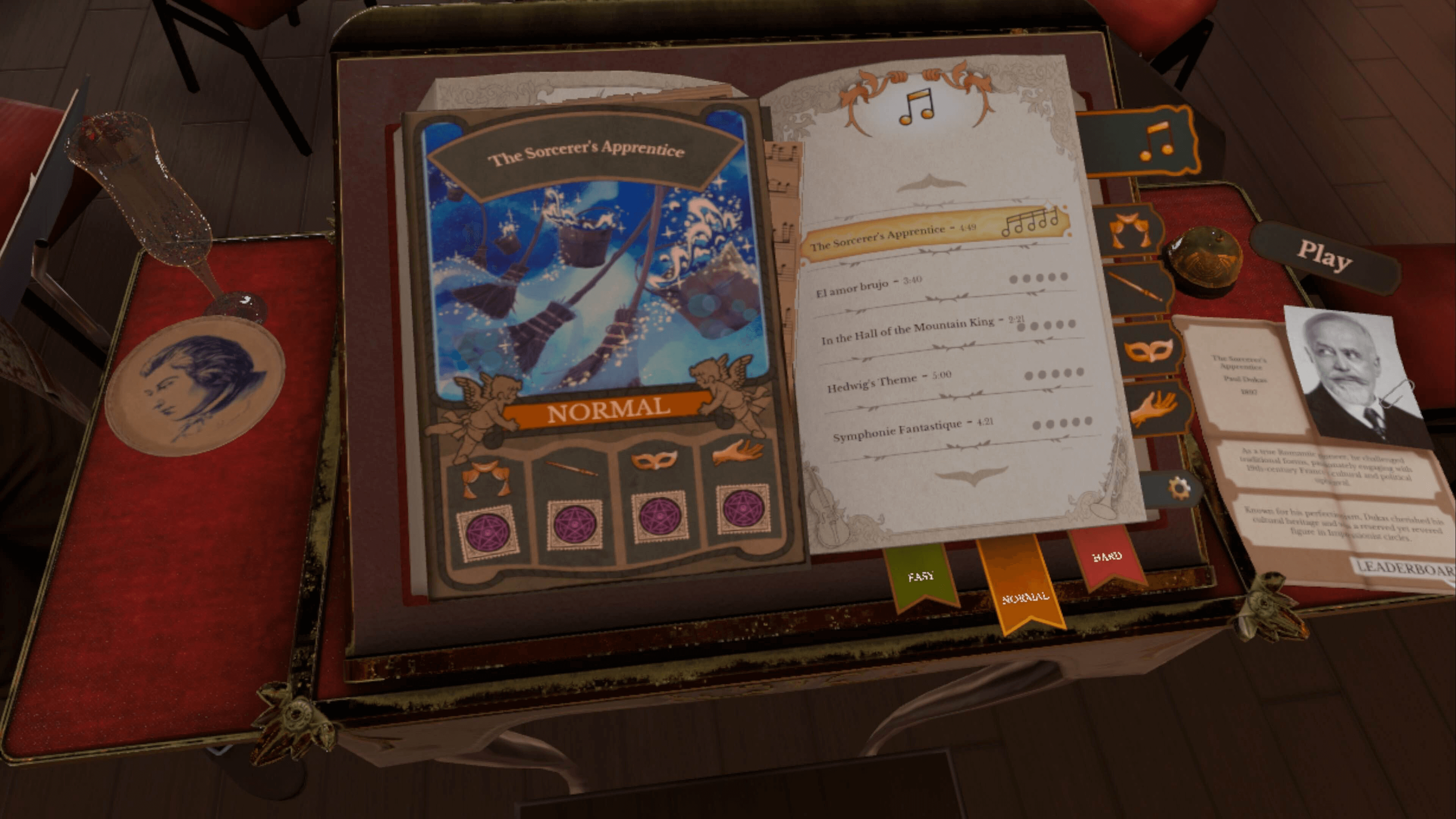 Screenshot from Maestro: Secret Sorcery Pack. Image shows an open book on a conductors table. The book shows the track list for the game.