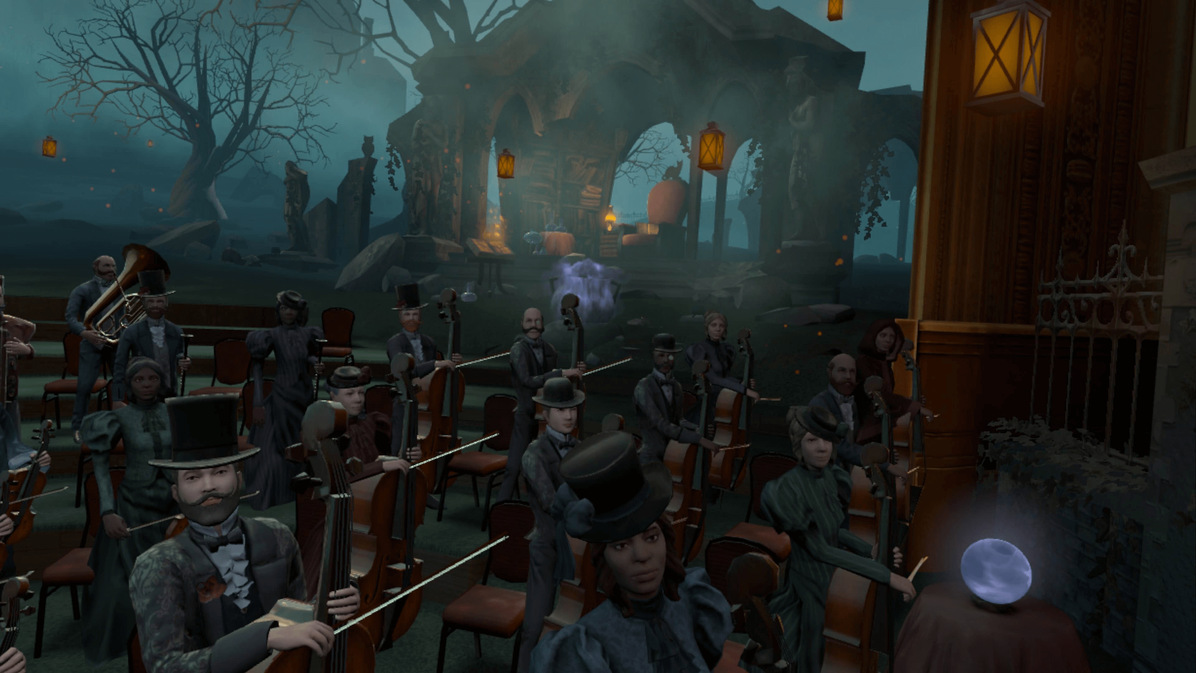 Screenshot from Maestro Secret Sorcery Pack. Image shows an orchestra dressed in dark Victorian era clothing. Behind them is a dishevelled building filled with books and lanterns.