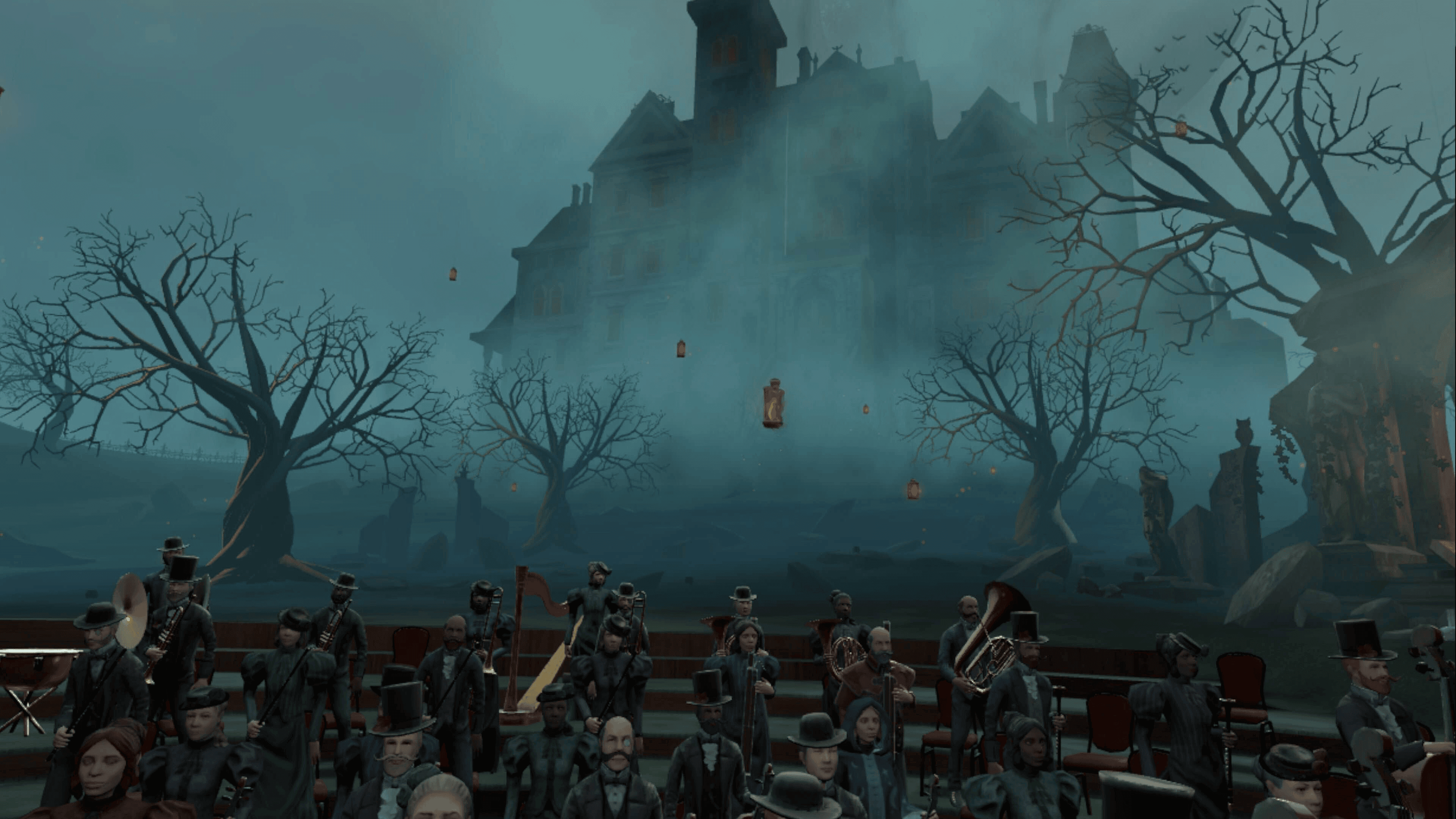 Screenshot from Maestro Secret Sorcery Pack. A mansion sits in amongst a foggy background.In front of it an orchestra sits with wearing dark Victorian clothing with their instruments ready to play, Lanterns float through the air.