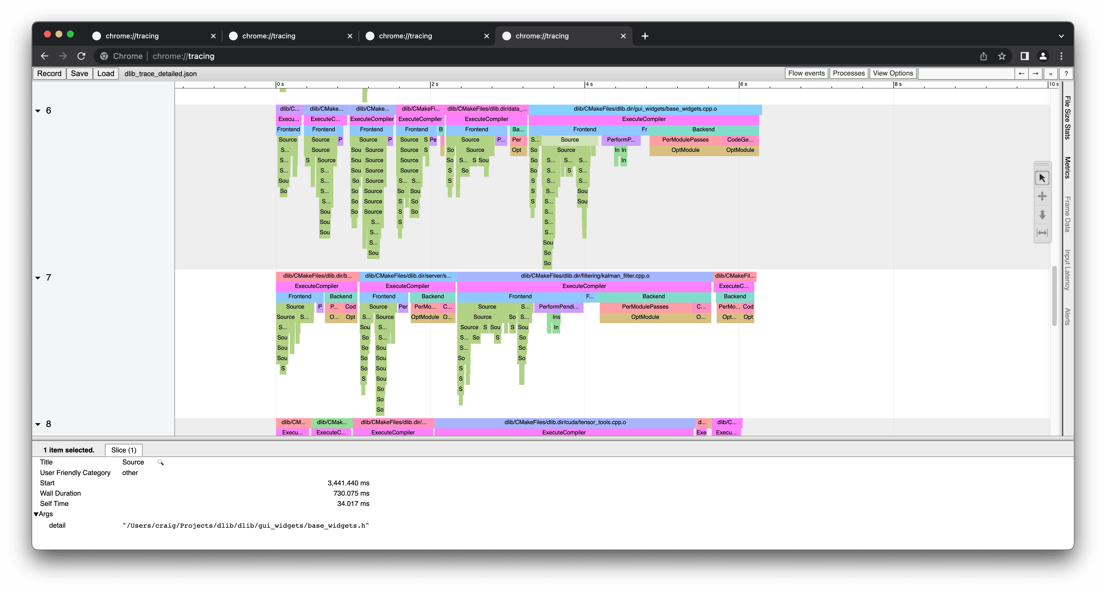Screenshot of using the Chrome browser to visualise Ninja tracing data with Clang time tracing included. Data is from building dlib.