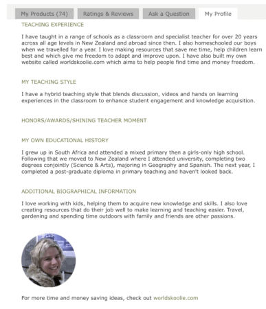 TPT store profile with an added picture and link