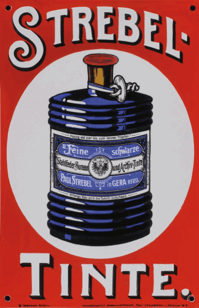 Emailschild Strebel Tinte, um 1900, 20 x 30 cm, gewölbt, Torpedo-Email. Dieses Schild in hervorragendem Zustand 0 wurde 2021 für 6.500€ zzgl. Provision versteigert. (Bild: Micky Waue)