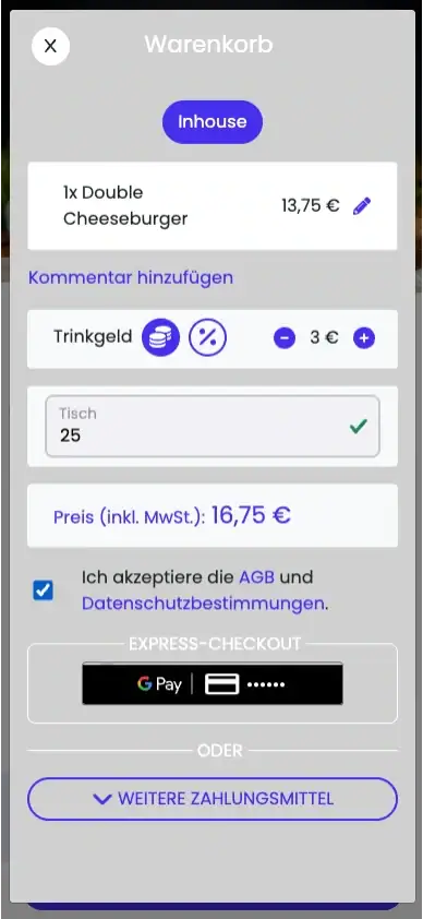 screenshot of sizzly ordering app showing shopping cart with table number & tips