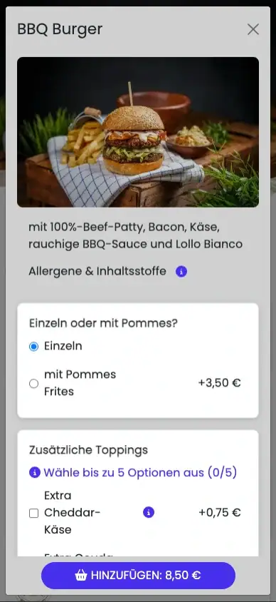 screenshot of sizzly ordering app showing article details & options