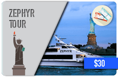 zephyr alt="Barco turístico Circle Line Zephyr navegando cerca de la Estatua de la Libertad en un tour por el río Hudson."