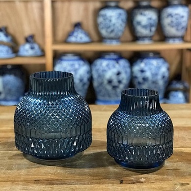 Vaso vidro azul lapidado