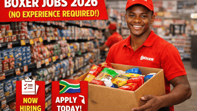 Boxer jobs 2026 advertisement showing store assistant with groceries in South Africa