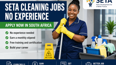A smiling cleaner in uniform holding a mop with cleaning supplies, promoting SETA cleaning jobs in South Africa with no experience required, monthly stipend, and training opportunities.