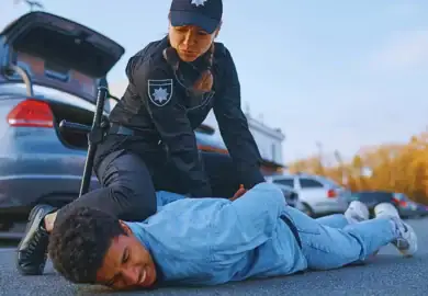 Police officer holding man on ground, symbolizing resisting arrest