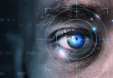 Eye of a middle aged man that is being scanned.