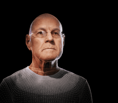 Work in progress: Foto von Prof. Bergmann mit einem feinen Netz aus Linien zur Erfassung der Kontur bei der Erstellung eines Avatars.