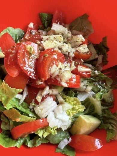 Blick in meine rote Salatschüssel, grüner Salat, Gurken, Tomaten und Zwiebeln